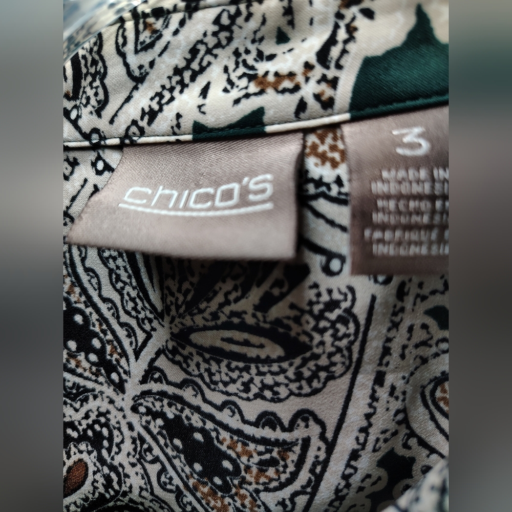 Chico’s Paisley Ruffle Blouse XL 16 Size 3 Green Brown Long Sleeve Career Top - Picture 5 of 10
